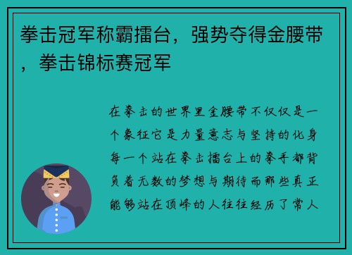 拳击冠军称霸擂台，强势夺得金腰带，拳击锦标赛冠军